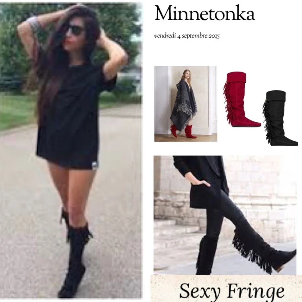 Vintage Suede Boots Black Fringe Knee High Tall Y2K Minnetonka Indian Moccasins